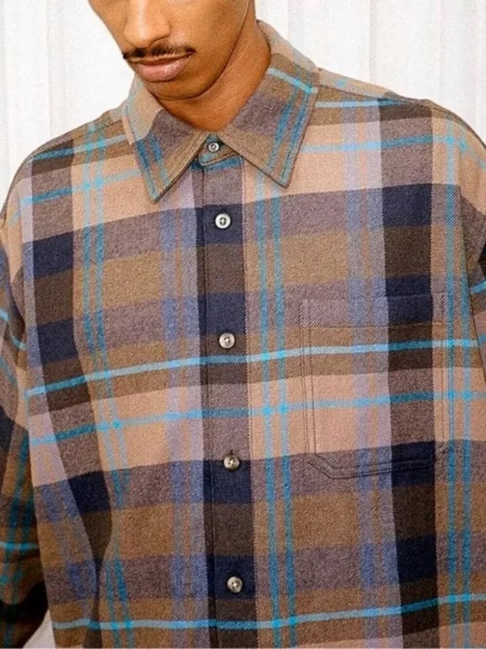Unisex Madhappy Wool-Blend‎ Flannel Shirt Shacket Brown & Blue Check, Size L